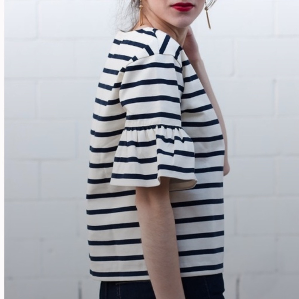 J. Crew Cotton Striped Ruffle Sleeve top navy and white size XS